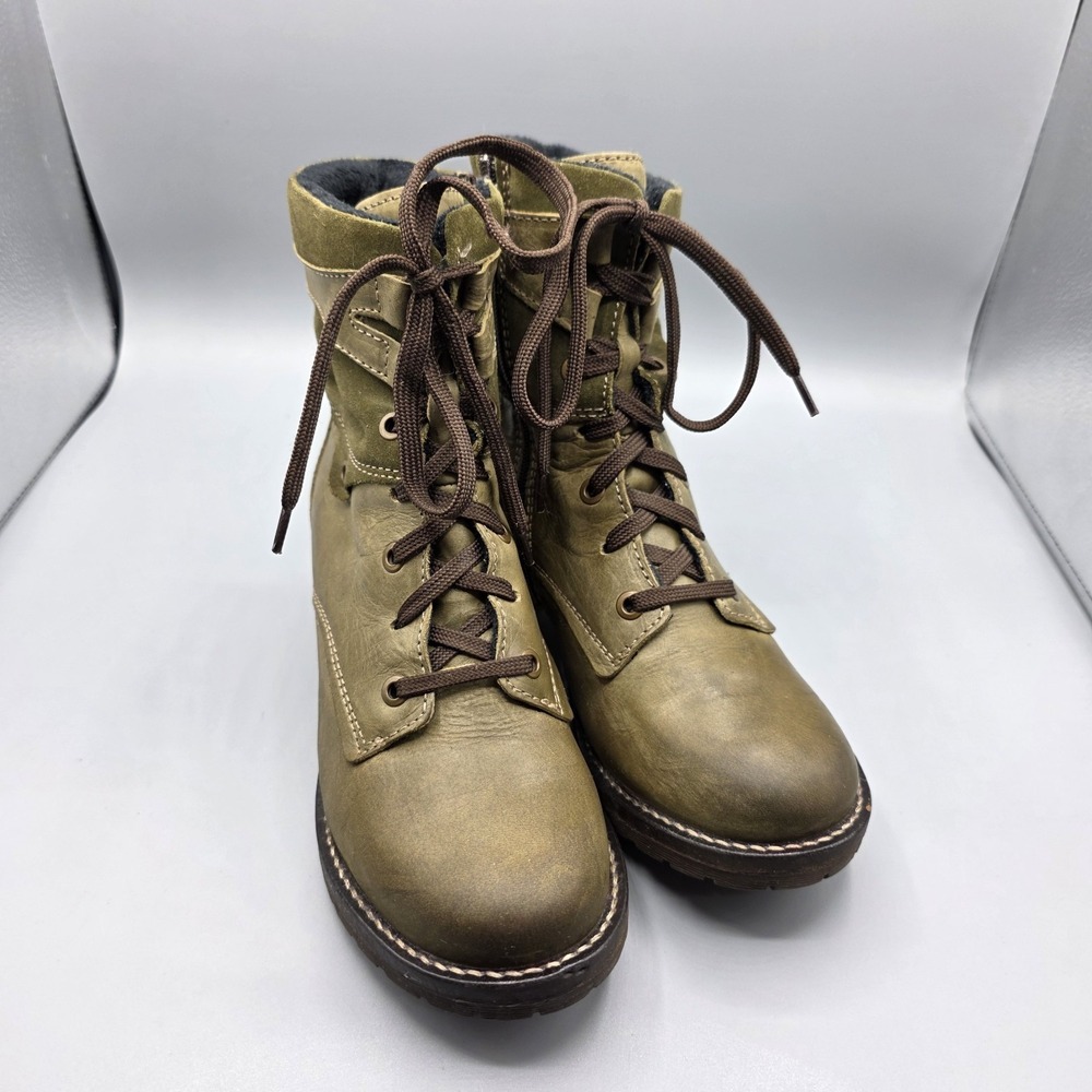 DROMEDARIS Kara Combat Boots Womens 37 Green Leather Zip Moto Heeled Bootie